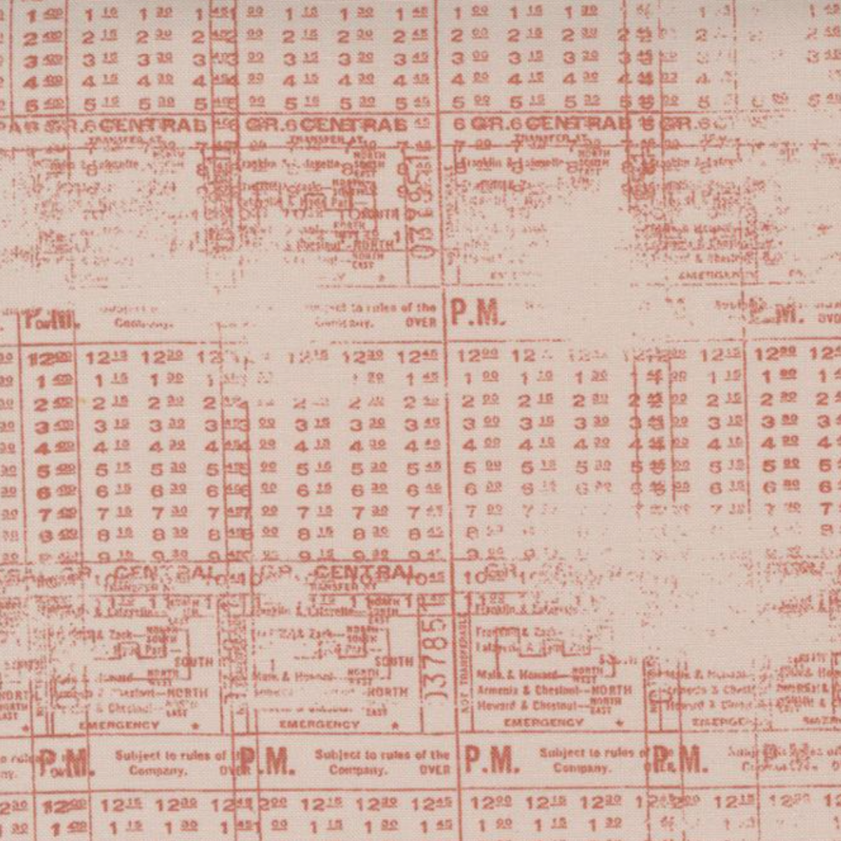 Close-up of Celestial Stamps Text Rose Quartz fabric by Zen Chic for Moda Fabrics, showing faded dusty-rose timetable text and grid marks on pale blush.