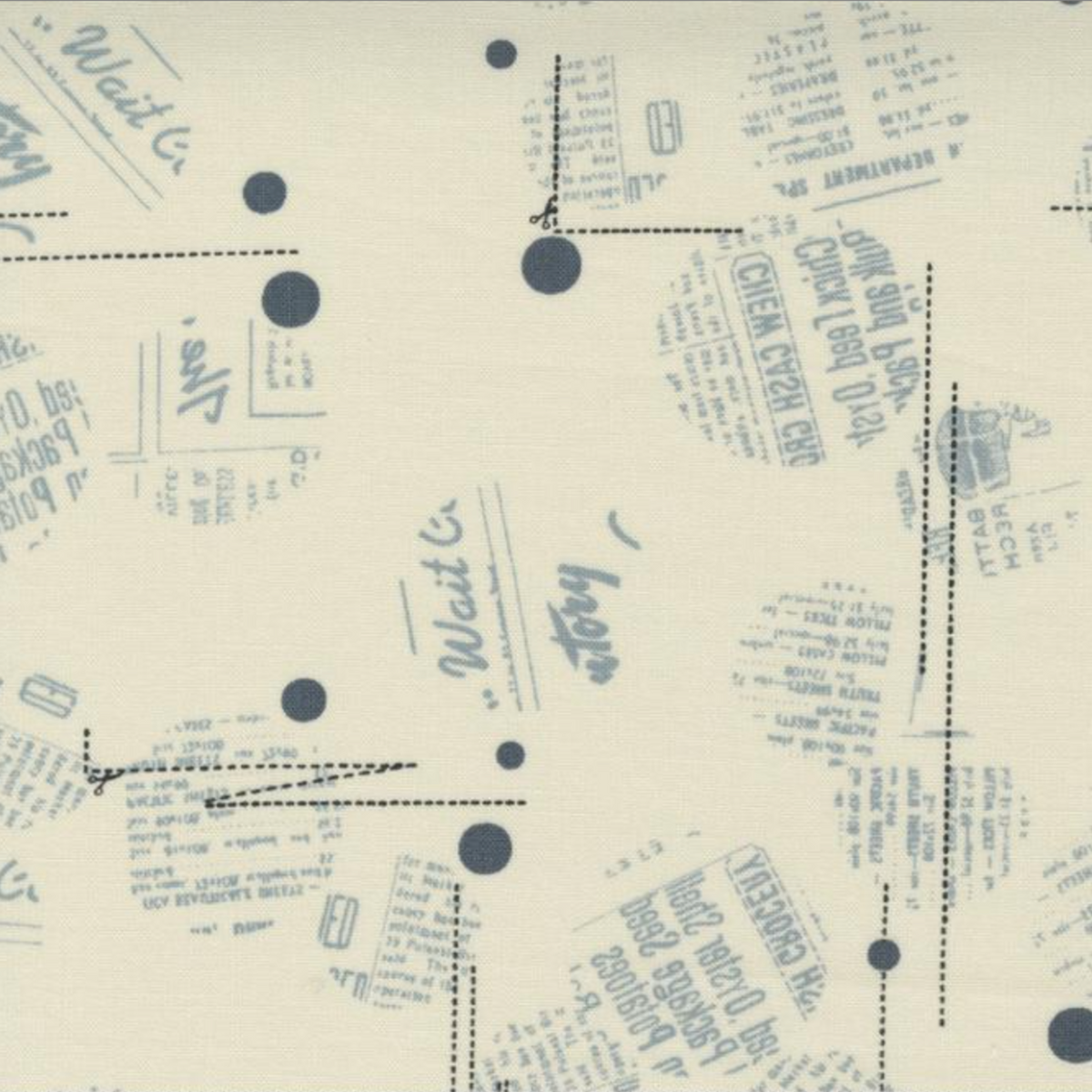 Close-up of Modern Background Even More Paper Eggshell News Dropping fabric by Zen Chic for Moda Fabrics, showing gray newsprint-style fragments, charcoal dots, and dotted lines on eggshell.