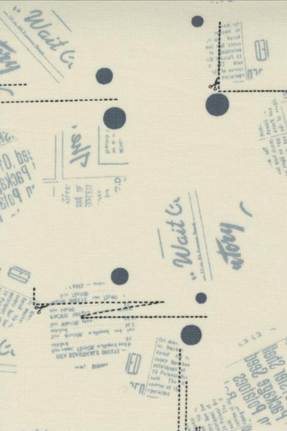 Close-up of Modern Background Even More Paper Eggshell News Dropping fabric by Zen Chic for Moda Fabrics, showing gray newsprint-style fragments, charcoal dots, and dotted lines on eggshell.