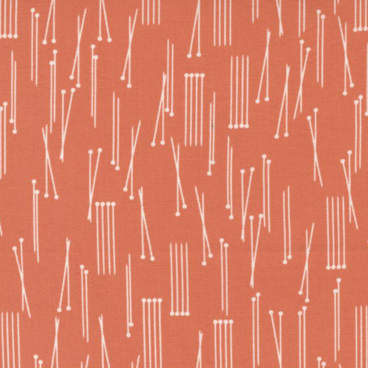 Lazy Afternoon Marmalade fabric by Zen Chic for Moda Fabrics, with fine cream lines and rounded ends scattered across a coral ground.