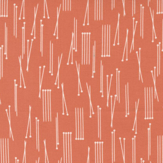 Lazy Afternoon Marmalade fabric by Zen Chic for Moda Fabrics, with fine cream lines and rounded ends scattered across a coral ground.