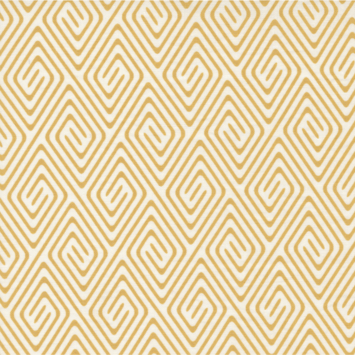 Lazy Afternoon Golden fabric by Zen Chic for Moda Fabrics, showing a golden geometric maze and spiral print on a cream ground, beside a ruler for scale.