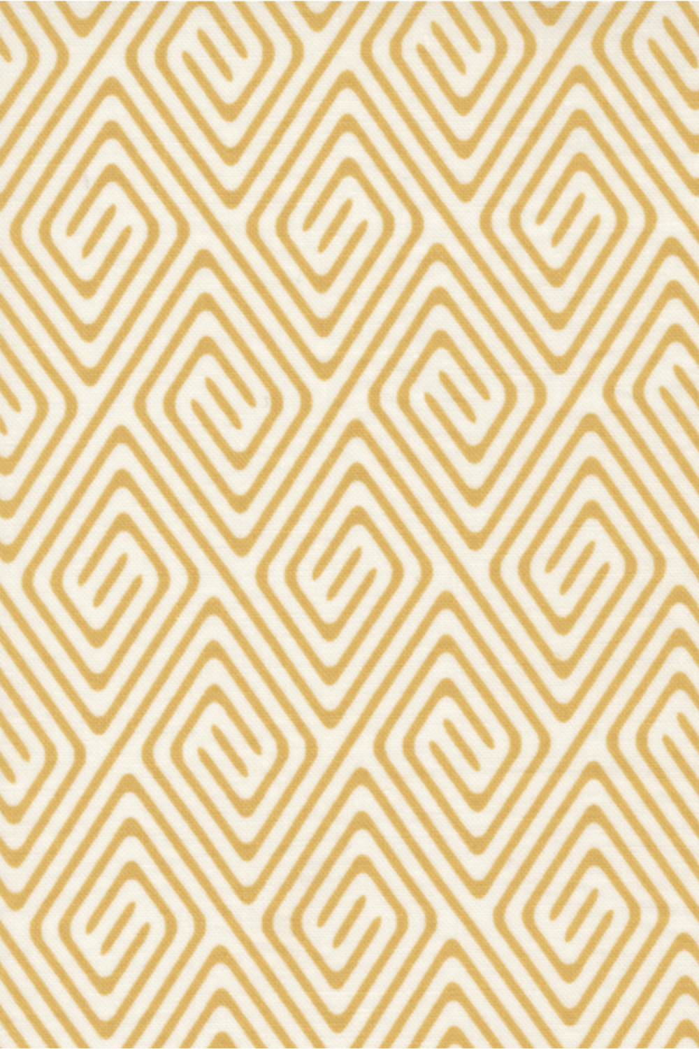 Lazy Afternoon Golden fabric by Zen Chic for Moda Fabrics, showing a golden geometric maze and spiral print on a cream ground, beside a ruler for scale.