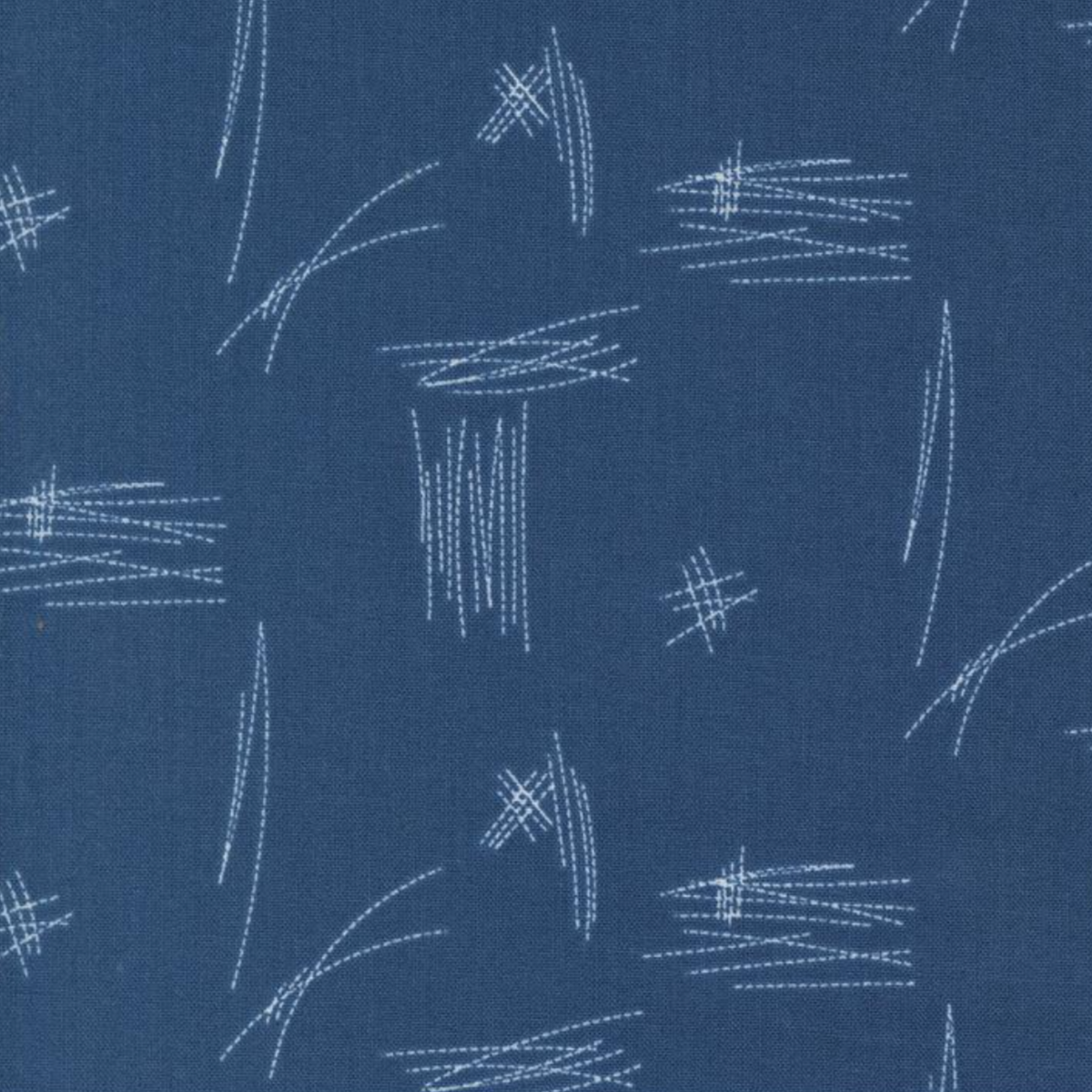 Close-up of Bluish Stitched Up Blueprint fabric by Zen Chic, featuring pale stitched lines and crosshatches on a blueprint-blue ground.