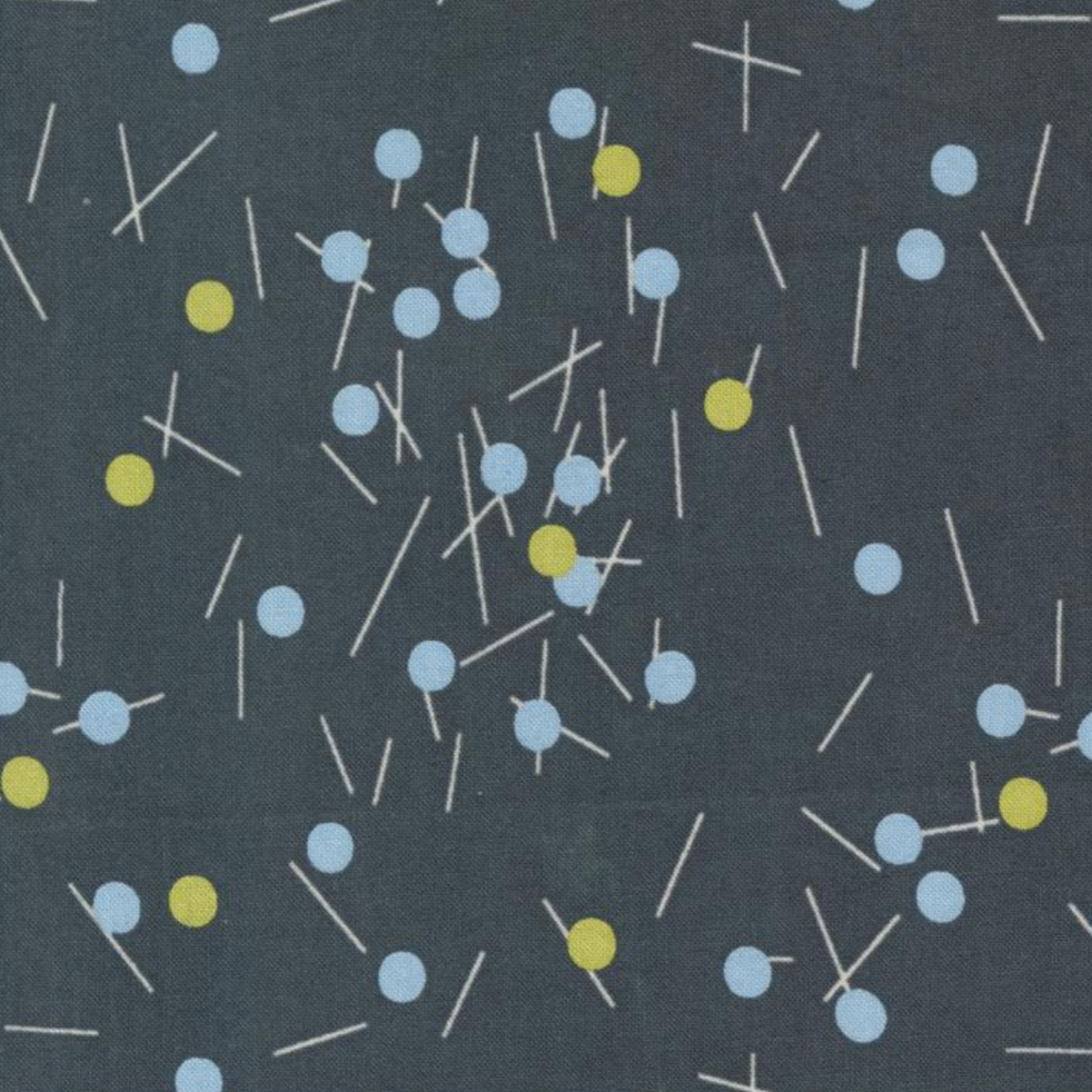 Close-up of Bluish Pins & Buttons Charcoal quilting cotton with scattered pale blue and chartreuse pins on a charcoal background.