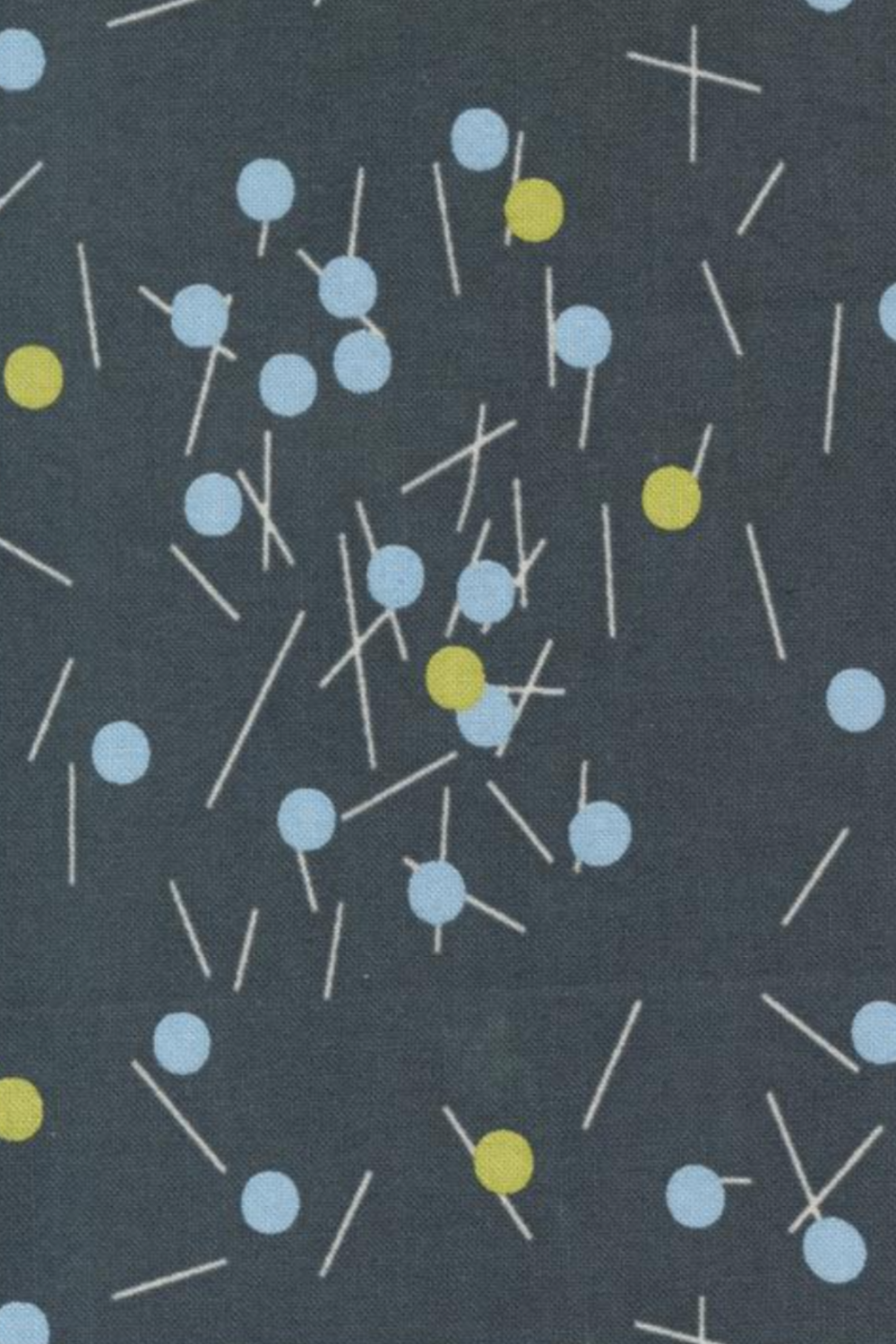 Vertical detail of Bluish Pins & Buttons Charcoal fabric by Zen Chic, showing the modern sewing-pin print and charcoal ground.