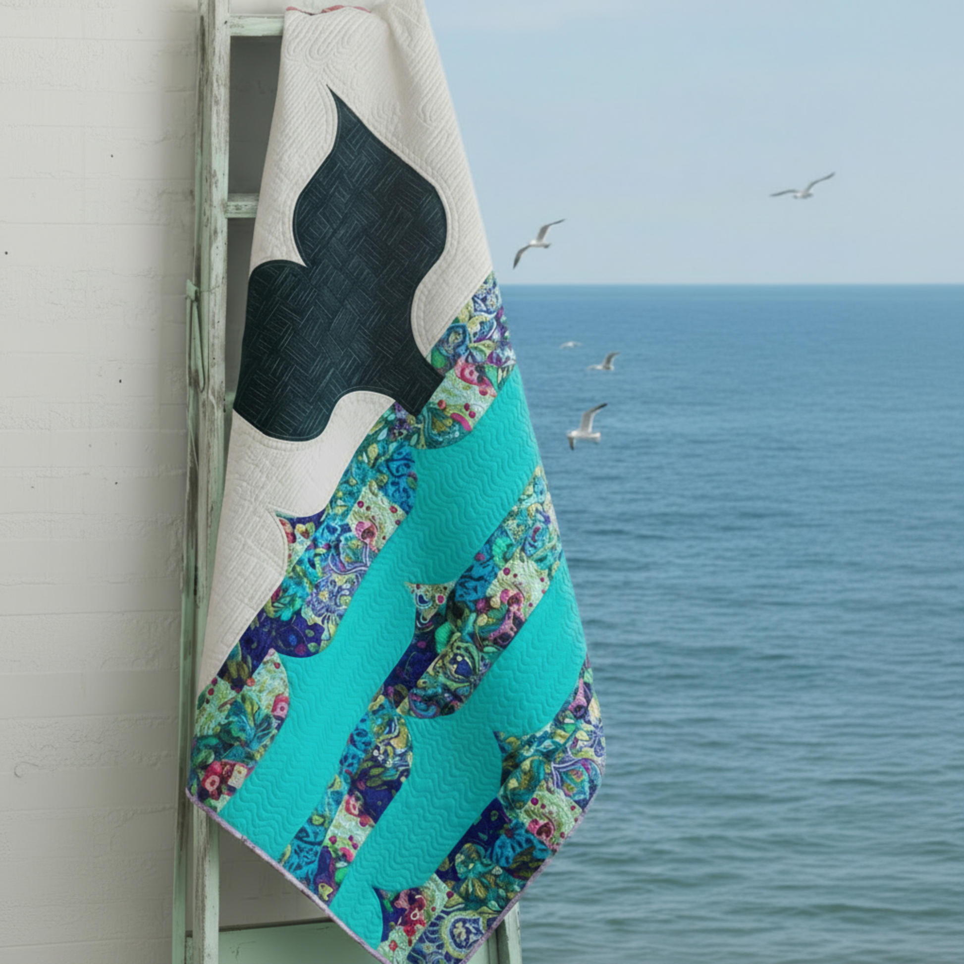 Colorful quilt with geometric patterns draped over a ladder by the ocean with seagulls.