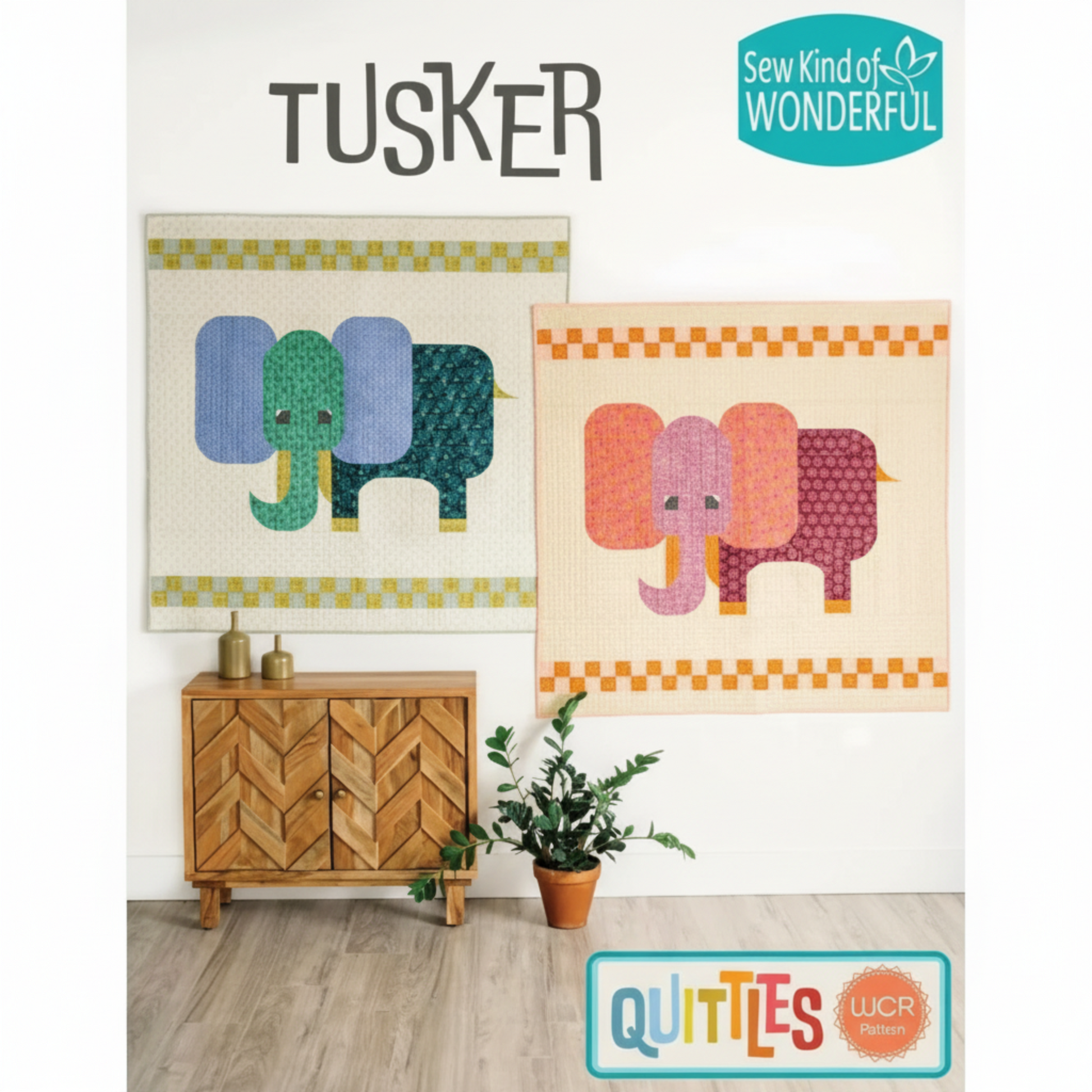 Two colorful elephant wall art pieces on a white wall with 'Tusker' and 'Sew Kind of Wonderful' branding.