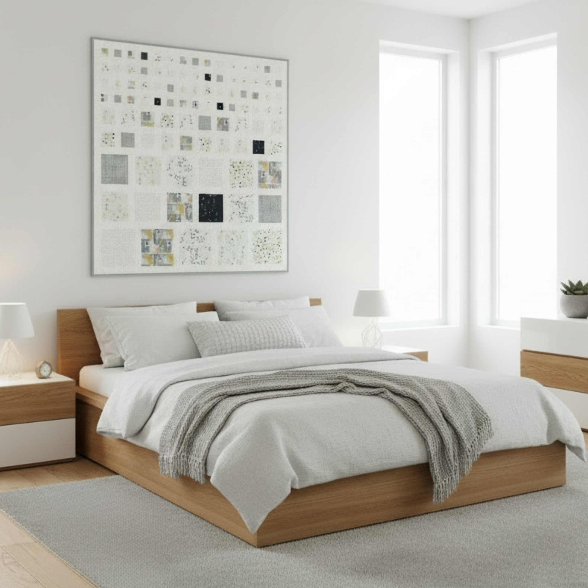 Modern bedroom with wooden bed, white bedding, and abstract wall art.