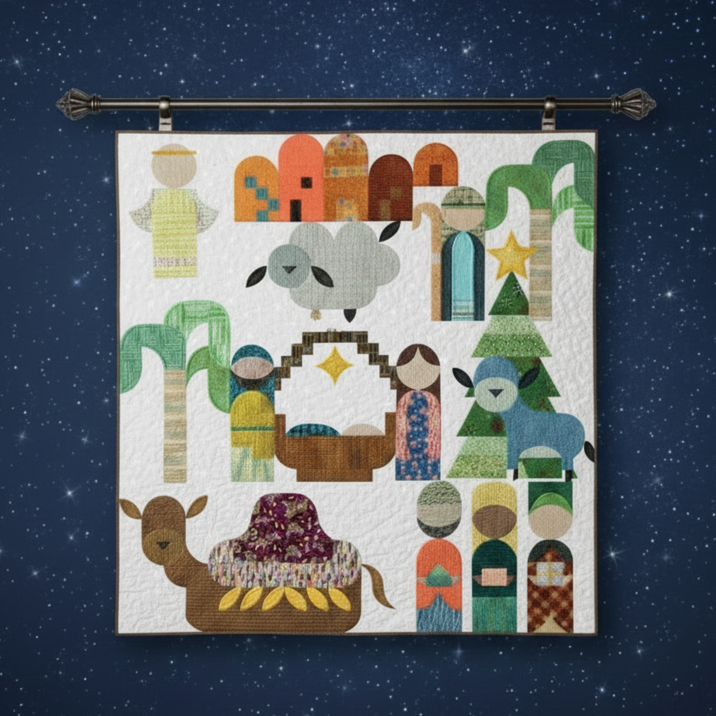 Quilt with nativity scene design on a dark blue background