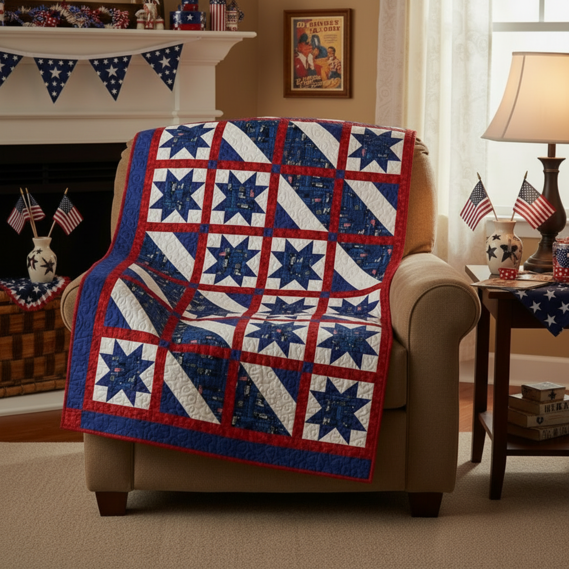 Star-patterned red, white, and blue quilt draped over a beige armchair in a room with American flag decorations.