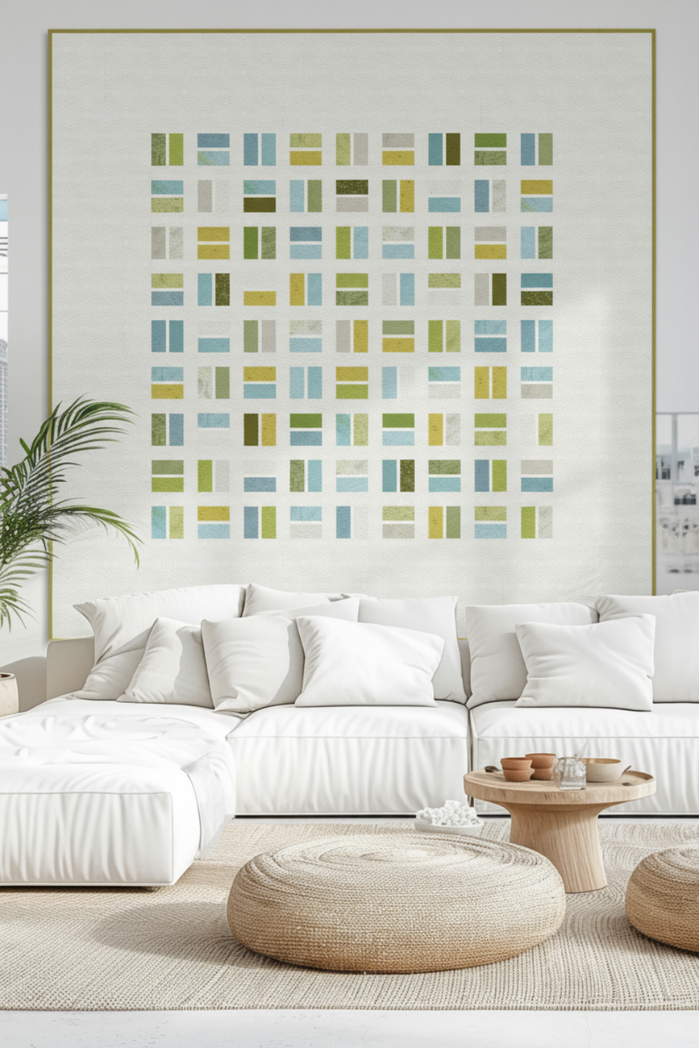 Modern living room with a white sofa, abstract wall art, and wooden coffee table.