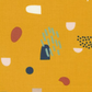 Close-up of Frisky Catch Me Sunny fabric by Zen Chic for Moda Fabrics – playful navy dots, squares, and arches, rust ovals, cream and blush half-circles, taupe rectangles, mint dash clusters, and dotted accents scattered on a mustard-gold cotton ground. Available at IraRobi Quilts.
