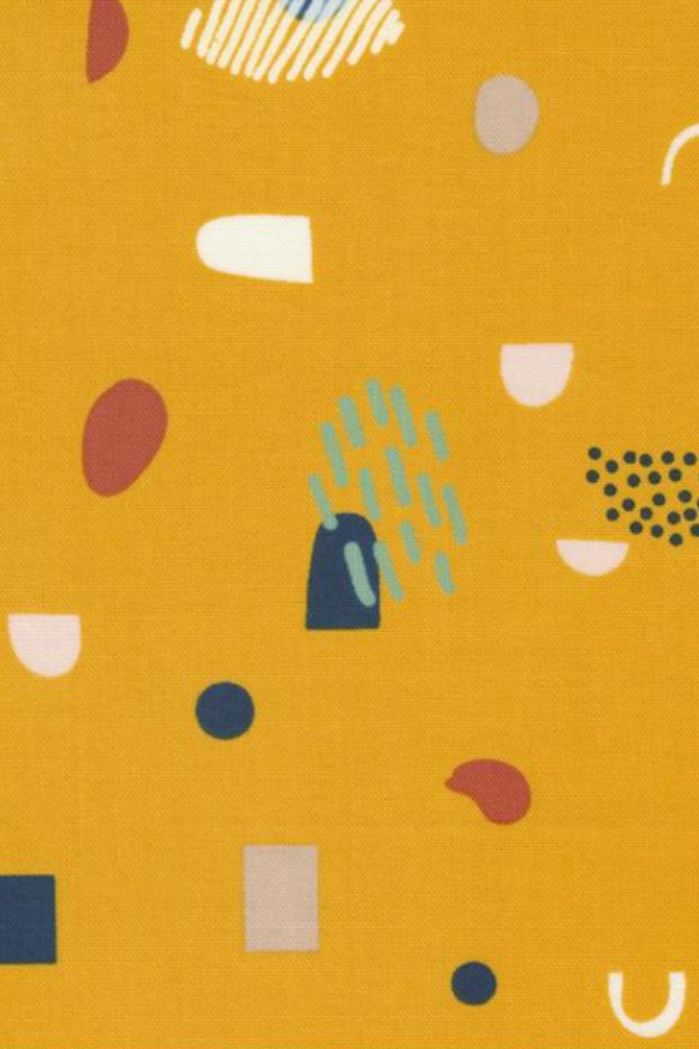 Close-up of Frisky Catch Me Sunny fabric by Zen Chic for Moda Fabrics – playful navy dots, squares, and arches, rust ovals, cream and blush half-circles, taupe rectangles, mint dash clusters, and dotted accents scattered on a mustard-gold cotton ground. Available at IraRobi Quilts.