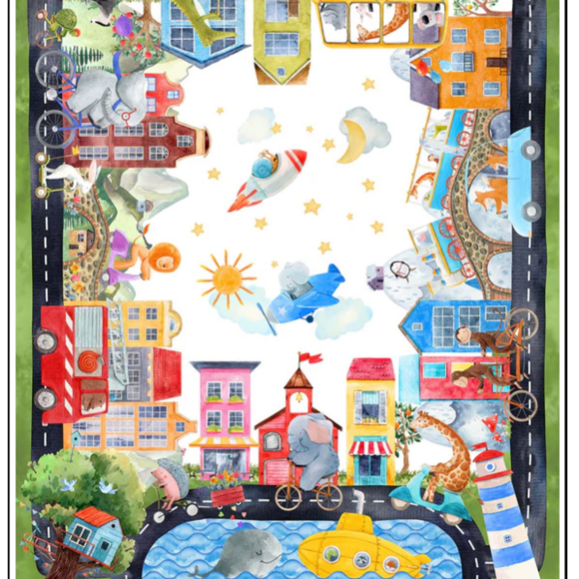 Children's play mat with colorful illustrations of buildings, animals, and vehicles.