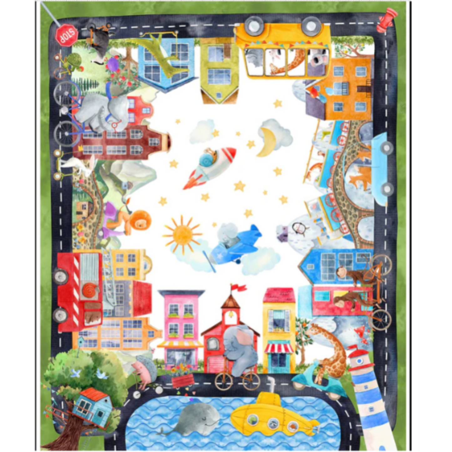 On the Go Multi Quilt Panel 36" by Jason Yenter – full panel view showing travel adventure with cars, bikes, and animals