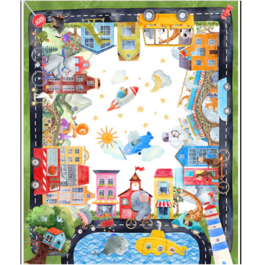 On the Go Multi Quilt Panel 36" by Jason Yenter – full panel view showing travel adventure with cars, bikes, and animals