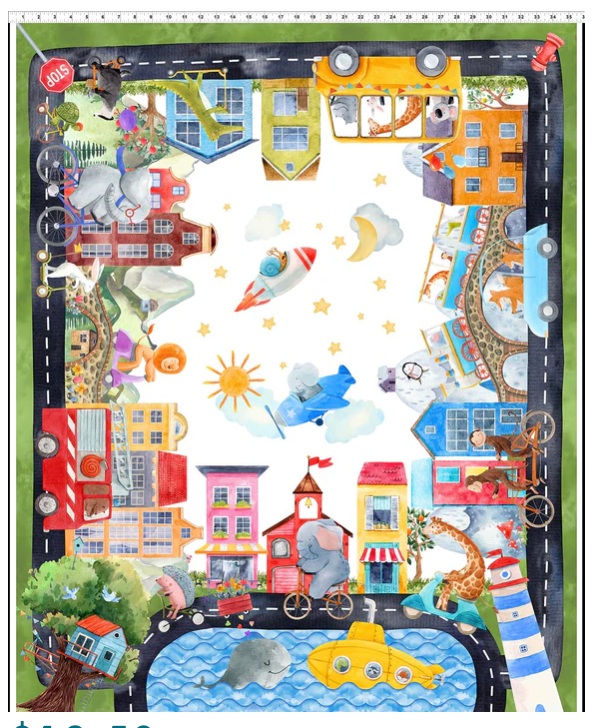 Children's play mat with colorful illustrations of buildings, animals, and vehicles.