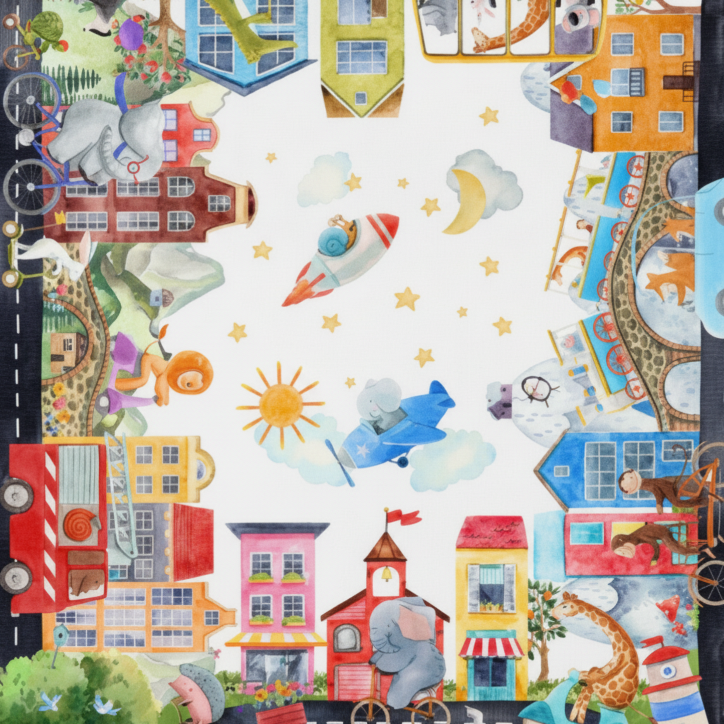 Close-up detail of On the Go Multi Quilt Panel showing whimsical travel illustrations and bright primary colors