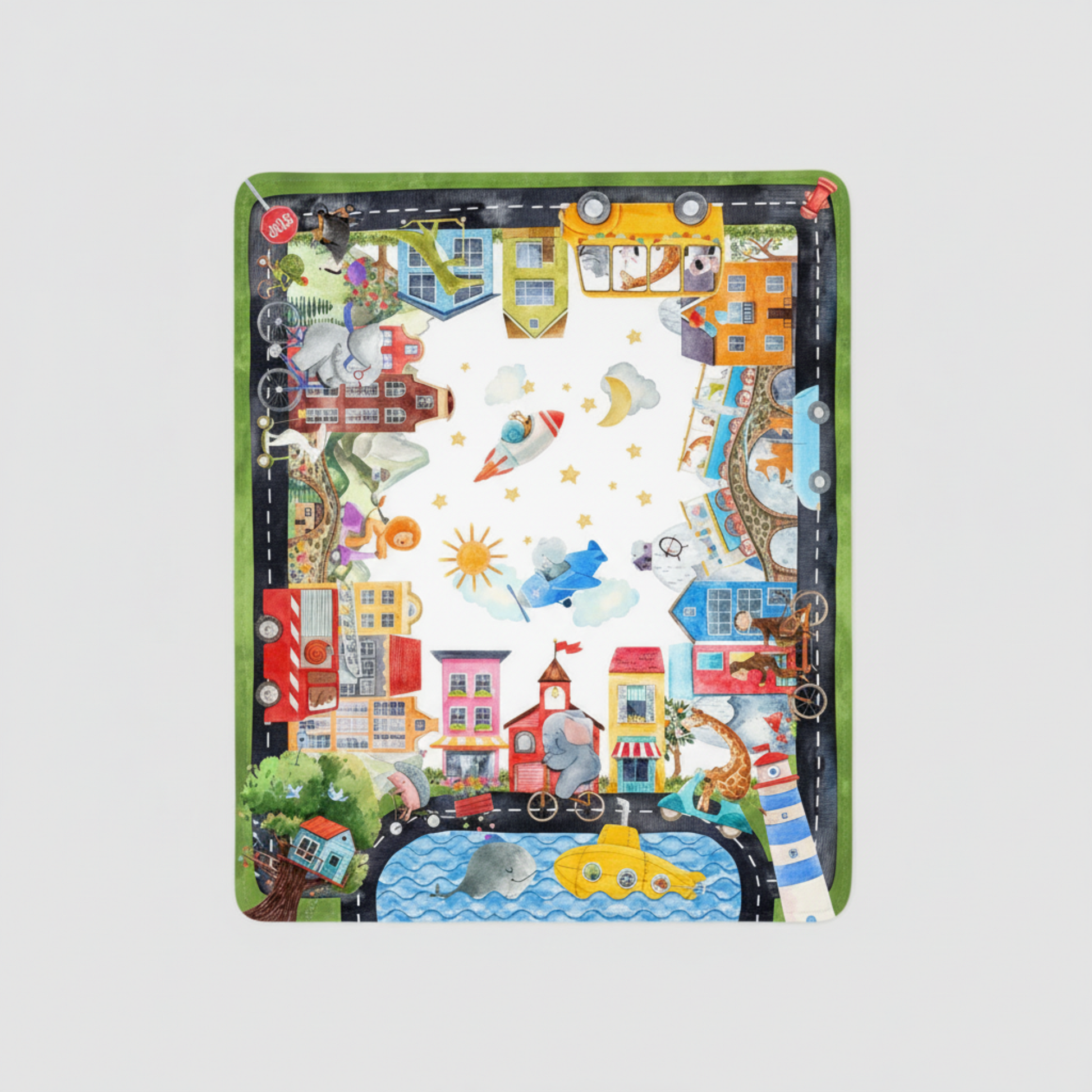 Detailed view of On the Go Multi Quilt Panel showing colorful transportation border designs