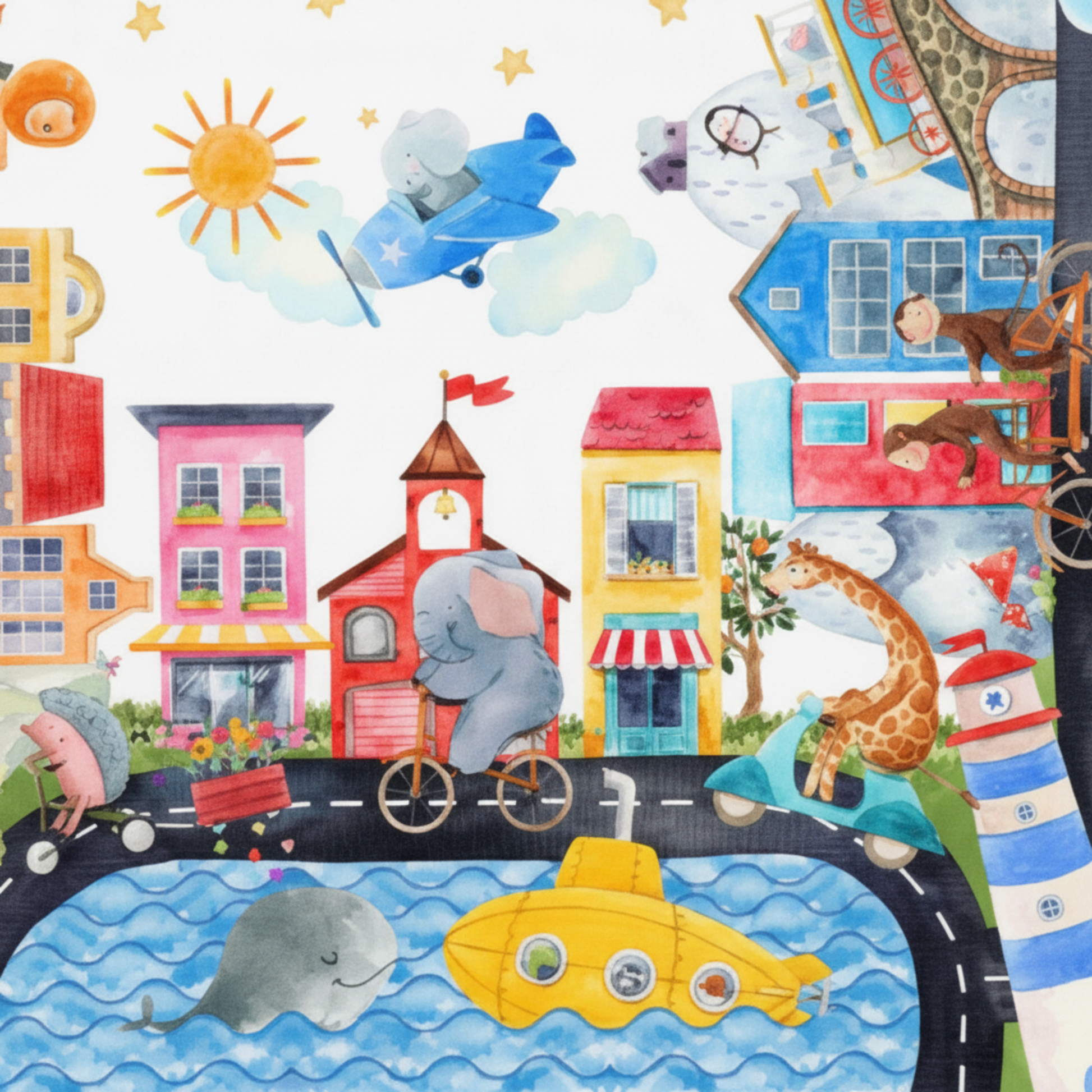 Detailed section of On the Go Multi Quilt Panel highlighting cars, bicycles, and animal motifs