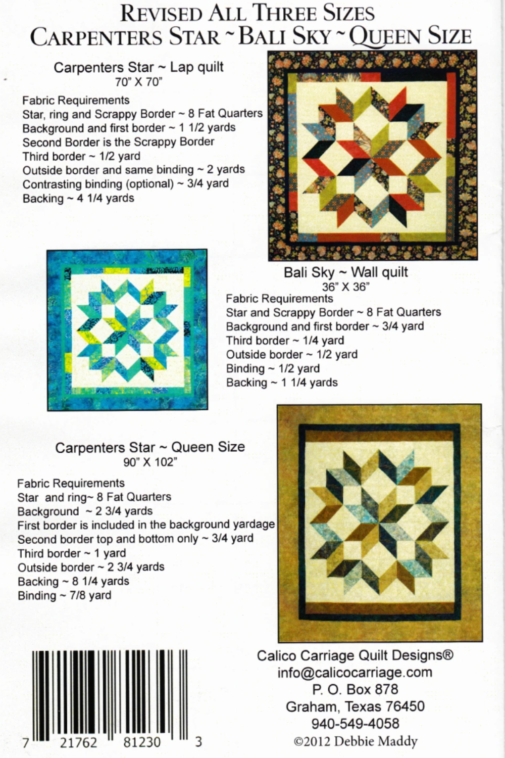 Quilt pattern book with star and Bali Sky designs, fabric requirements, and Calico Carriage Quilt Designs branding.