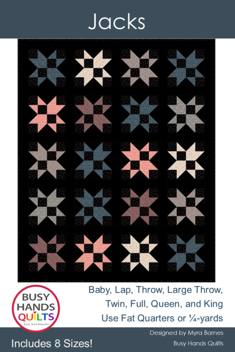 Quilt pattern with star designs on a black background, featuring the brand 'Busy Hands Quilts'.