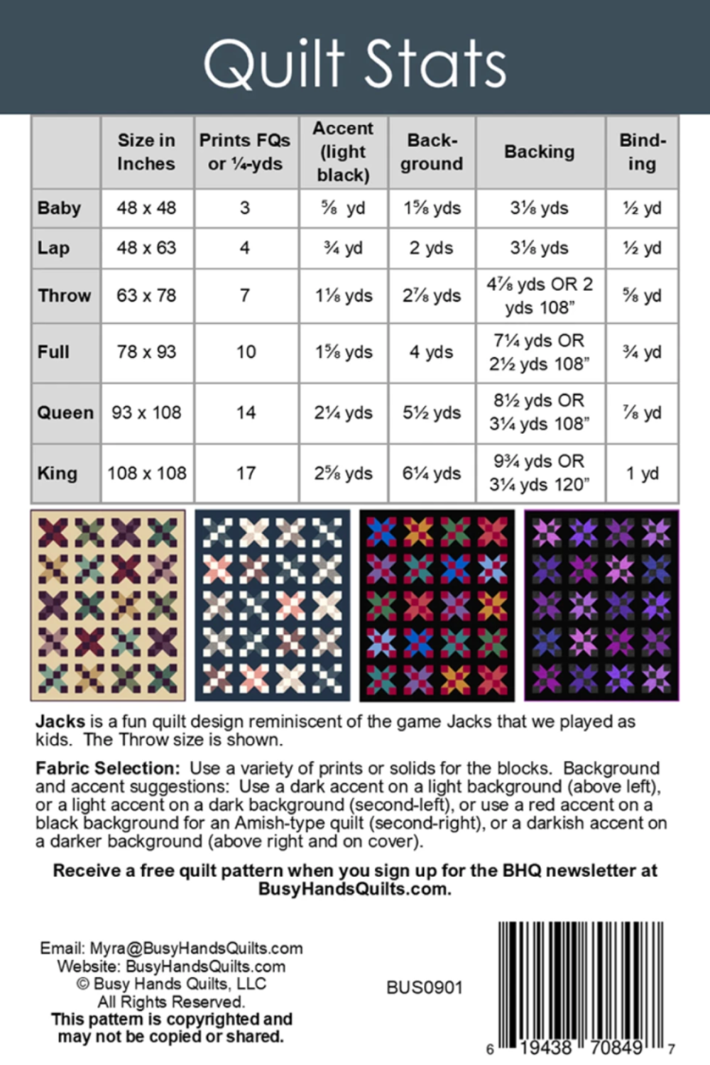 Quilt stats chart with fabric requirements for different quilt sizes, featuring Jacks quilt design.