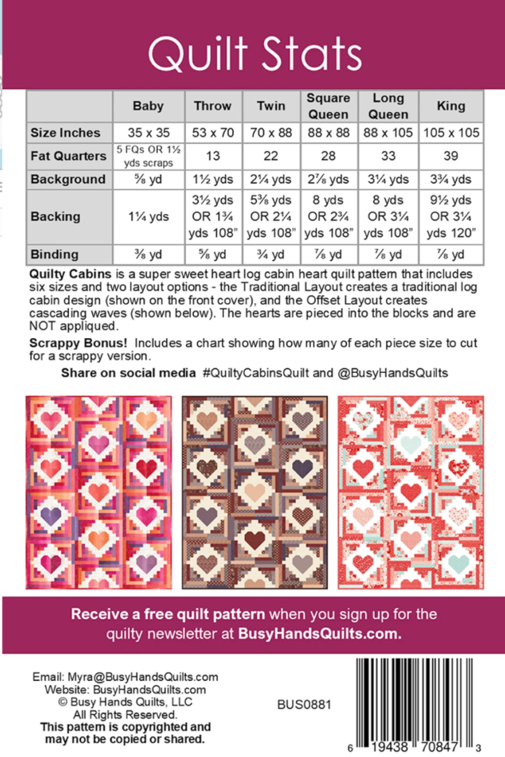 Quilt stats sheet for cabin quilt pattern with fabric requirements and layout options.
