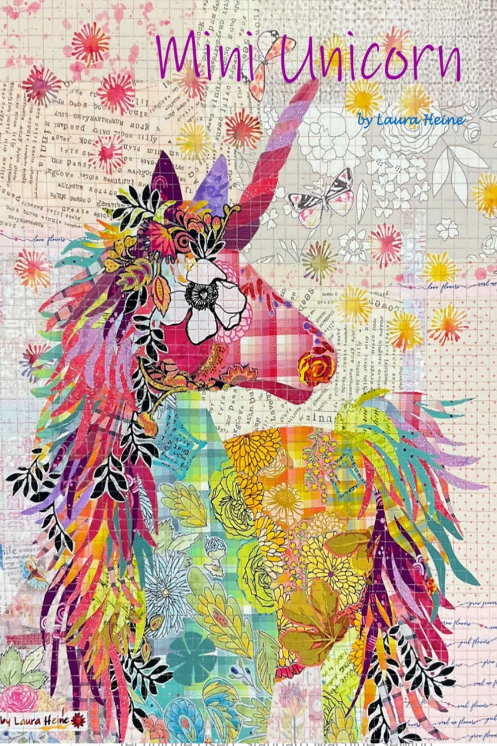 Colorful unicorn illustration on a textured background with text overlay