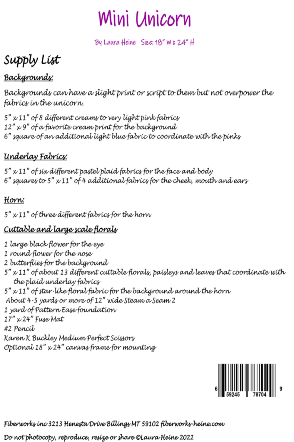 Supply list for creating a mini unicorn fabric art project on a white background