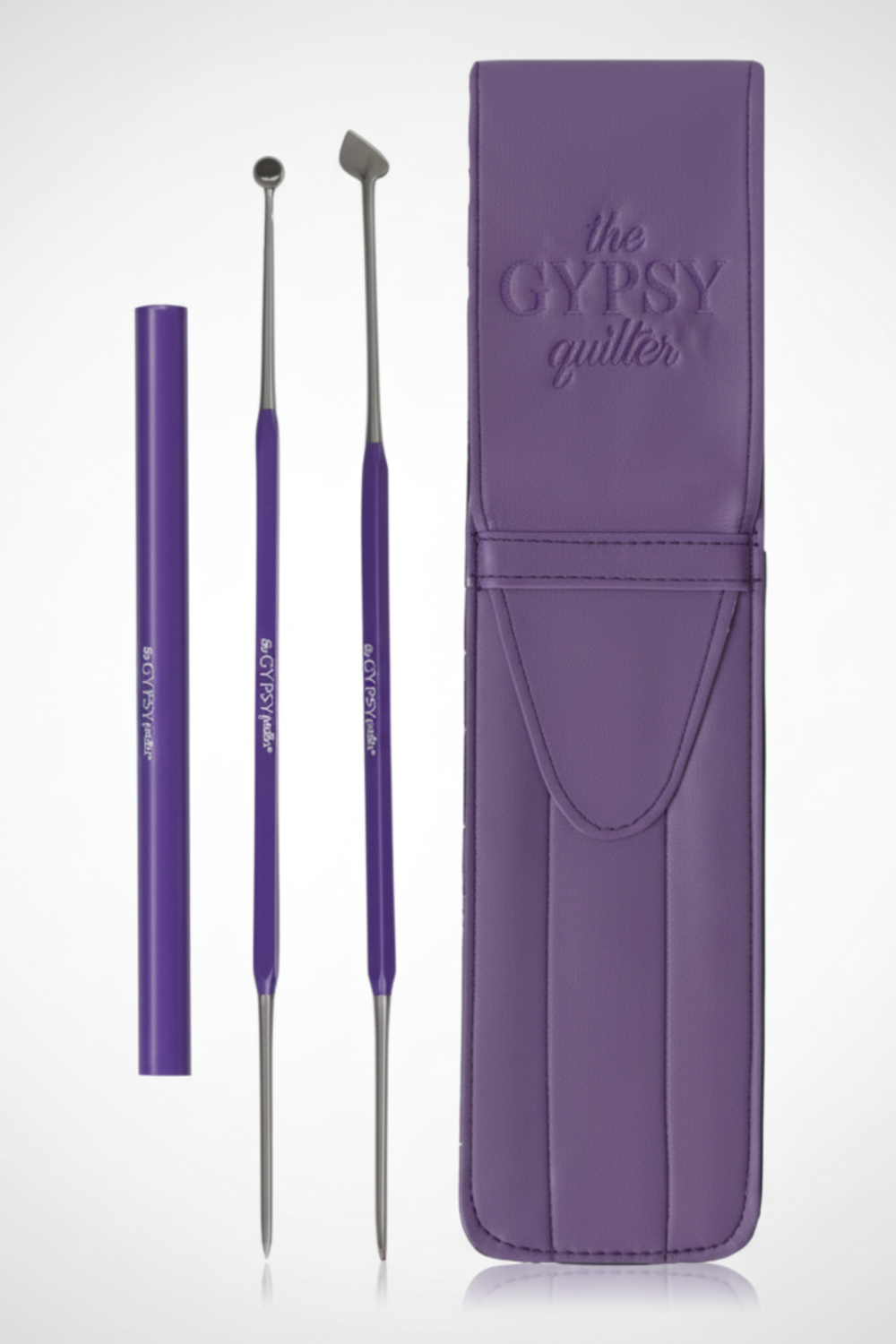 Stitchy Sticks 3-piece set with purple tools and matching storage case by The Gypsy Quilter.
