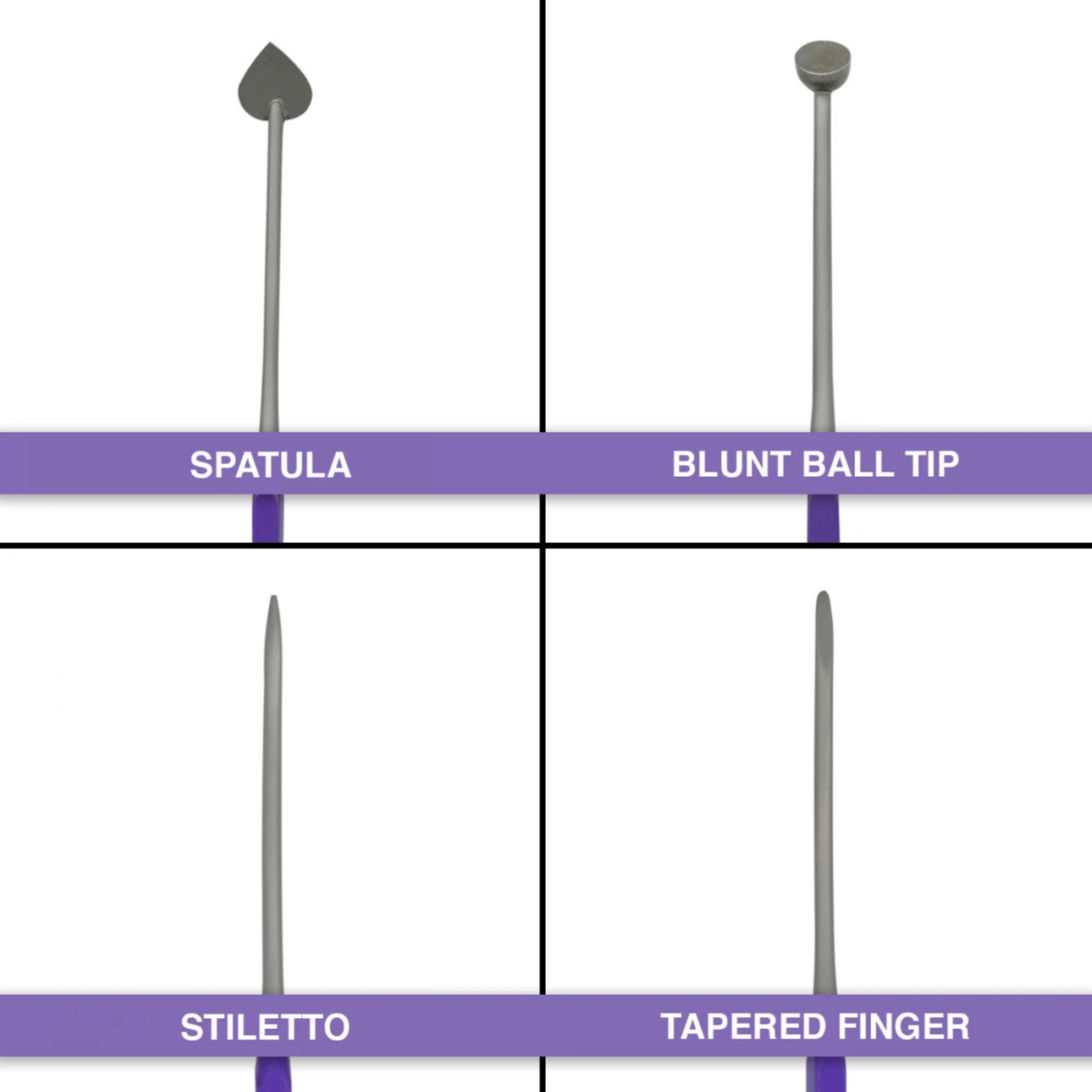 Stitchy Sticks tool ends showing spatula, blunt ball tip, stiletto, and tapered finger functions.