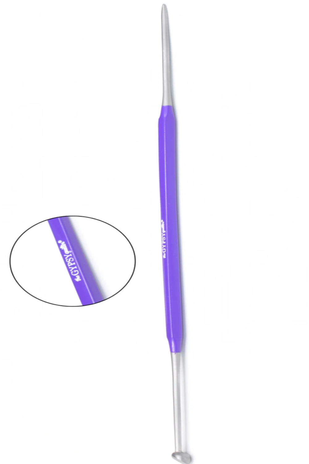 Stitchy Stick sewing tool with purple handle and metal stiletto tip for precision sewing.