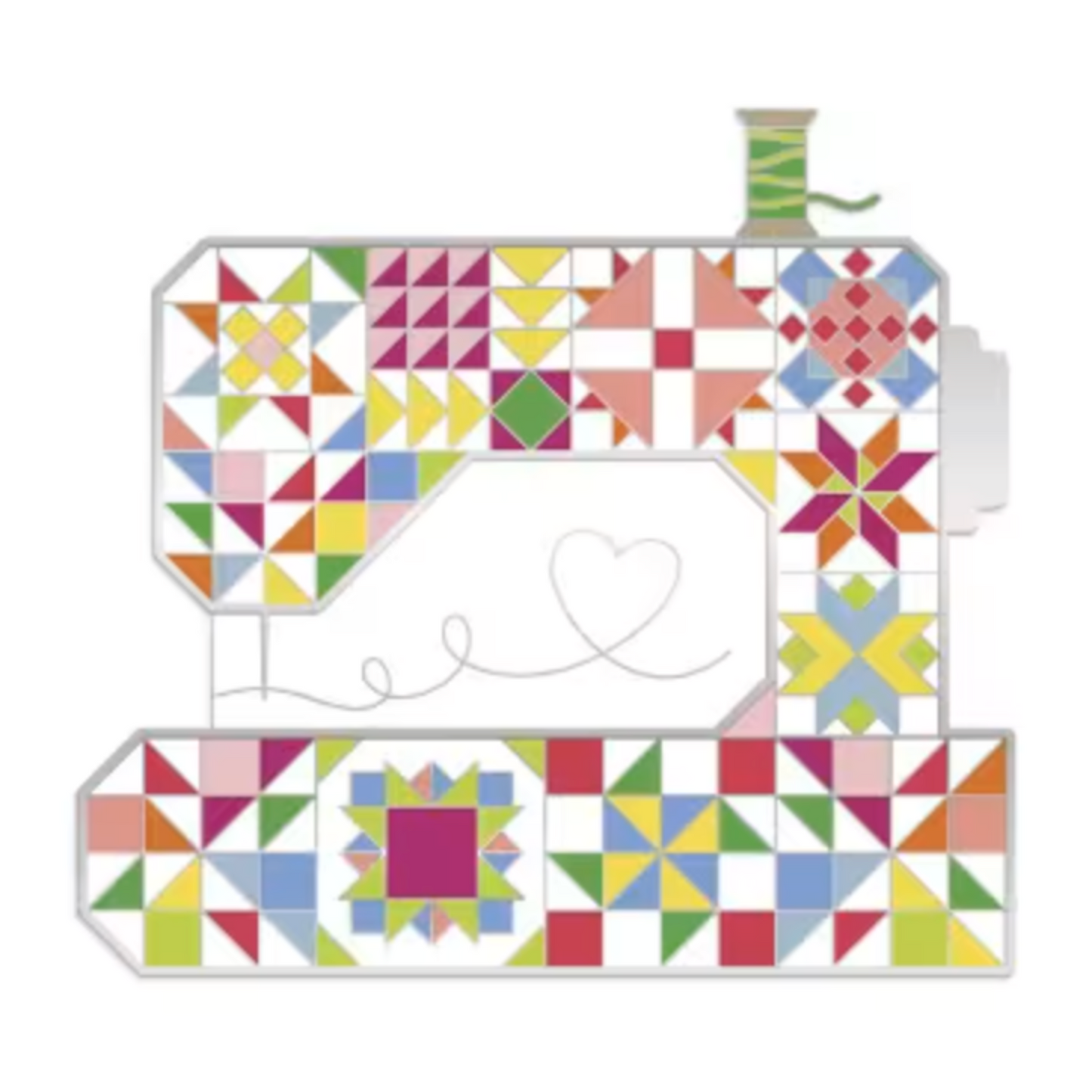 Colorful sewing machine needle minder with patchwork quilt block design by Riley Blake Designs