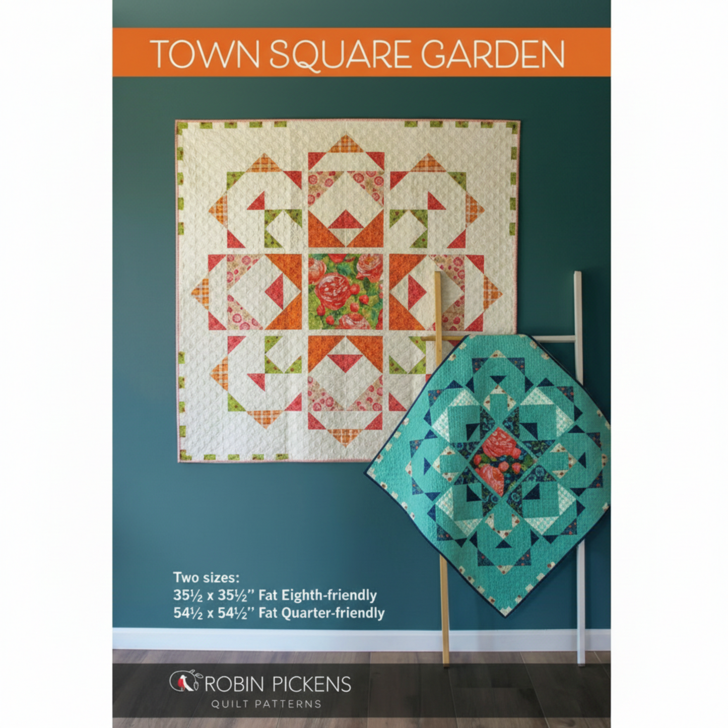 Town Square Garden quilt pattern cover by Robin Pickens featuring two quilt sizes and bold geometric design
