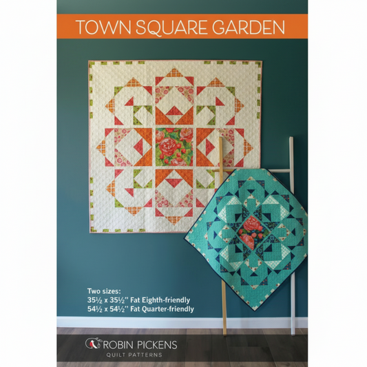Town Square Garden quilt pattern cover by Robin Pickens featuring two quilt sizes and bold geometric design
