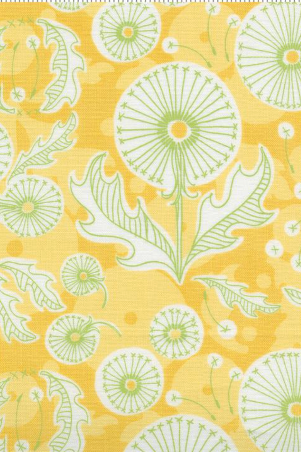 Fabric with green floral pattern on a yellow background.
