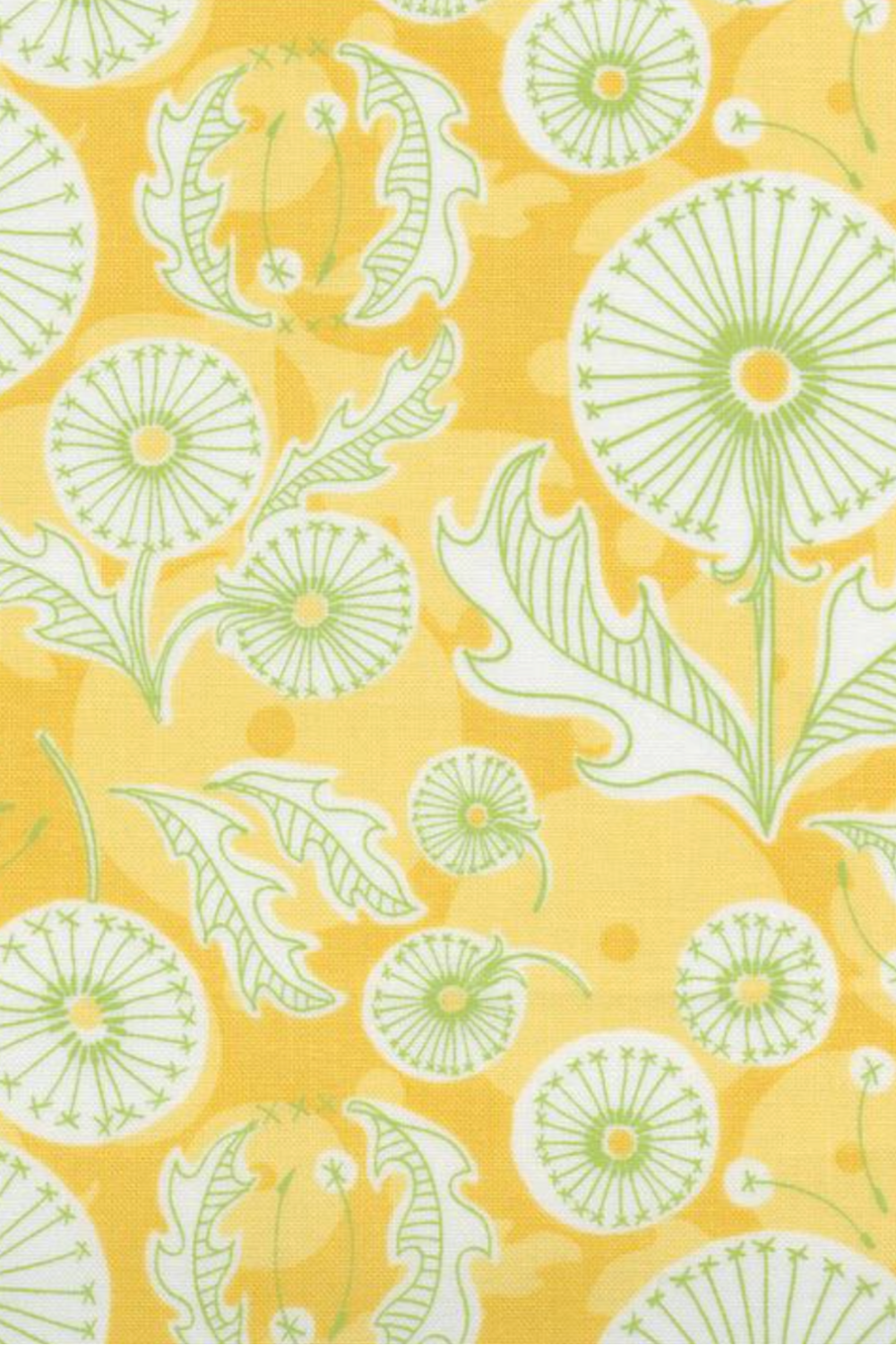 Dandi Duo Dandi Toile Maize fabric by Robin Pickens for Moda Fabrics, with pale-green dandelion seed heads and leaves on golden yellow.