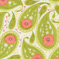 Patterned fabric with green leaves and pink flowers on a white background