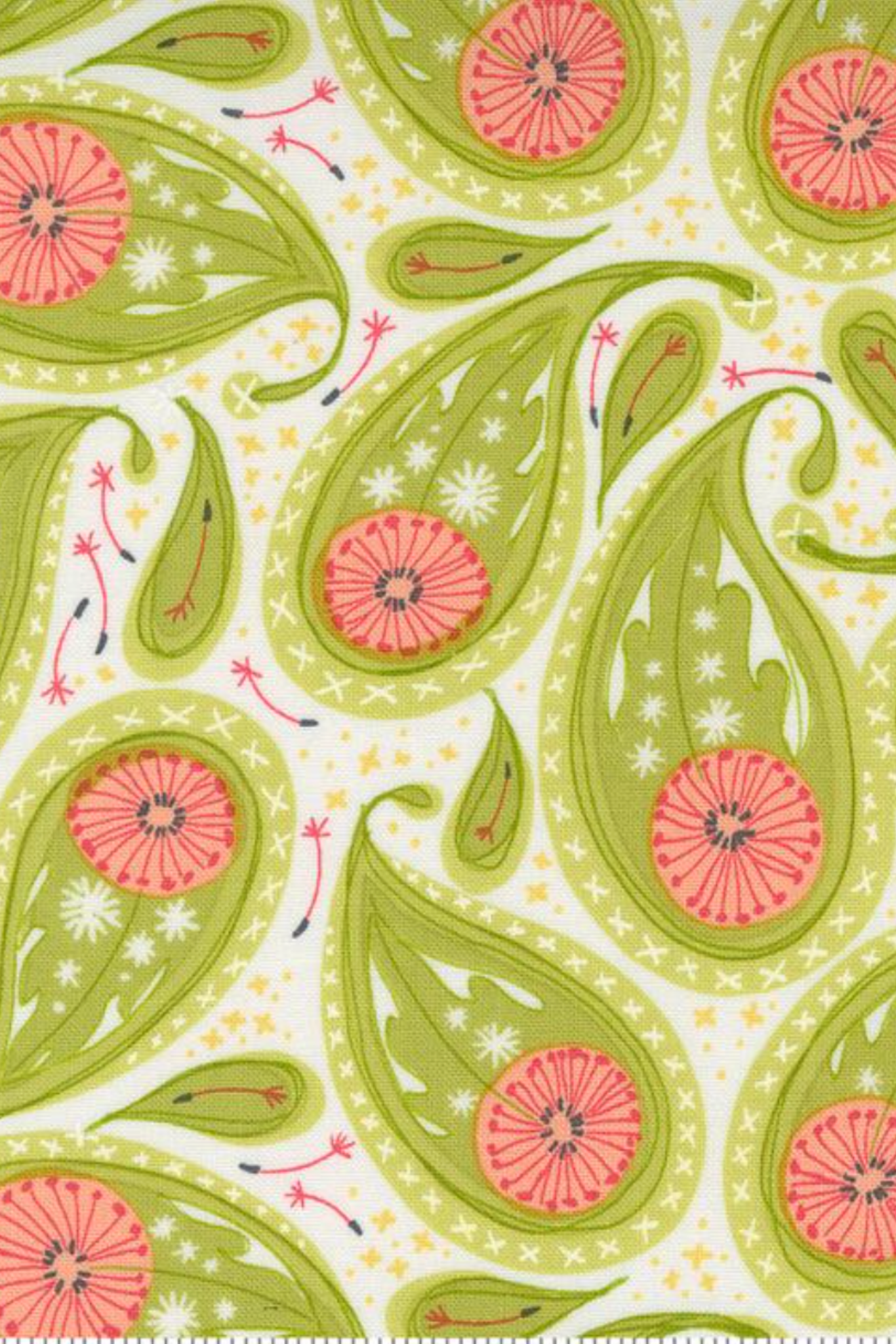 Patterned fabric with green leaves and pink flowers on a white background