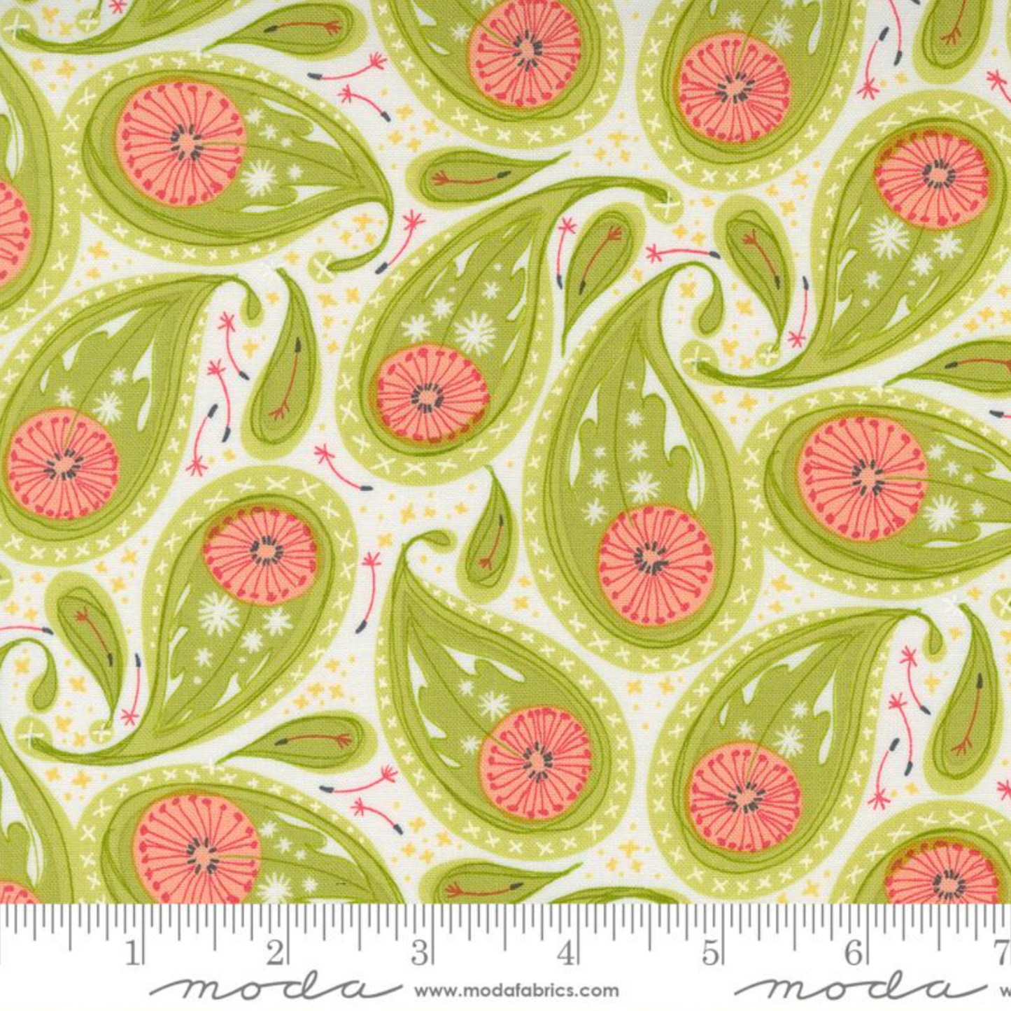  Floral paisley fabric with green leaves and pink flowers on a white background