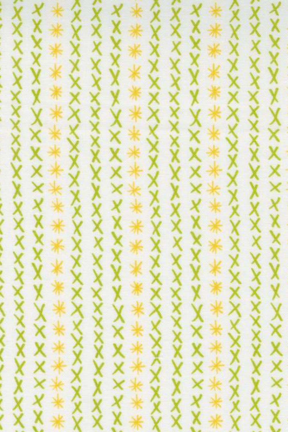 Dandi Duo Cream fabric by Robin Pickens for Moda Fabrics, with vertical green stitched X marks and tiny yellow starbursts on cream.