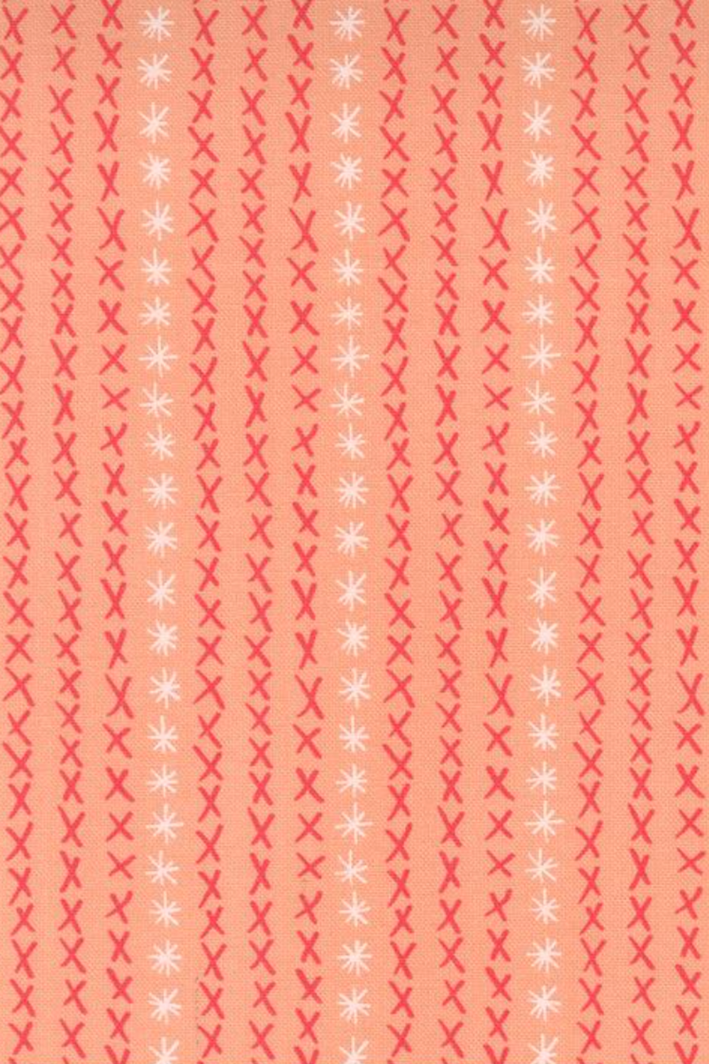Dandi Duo Peach fabric by Robin Pickens for Moda Fabrics, with vertical coral stitched-X rows and tiny white starbursts on a peach background.
