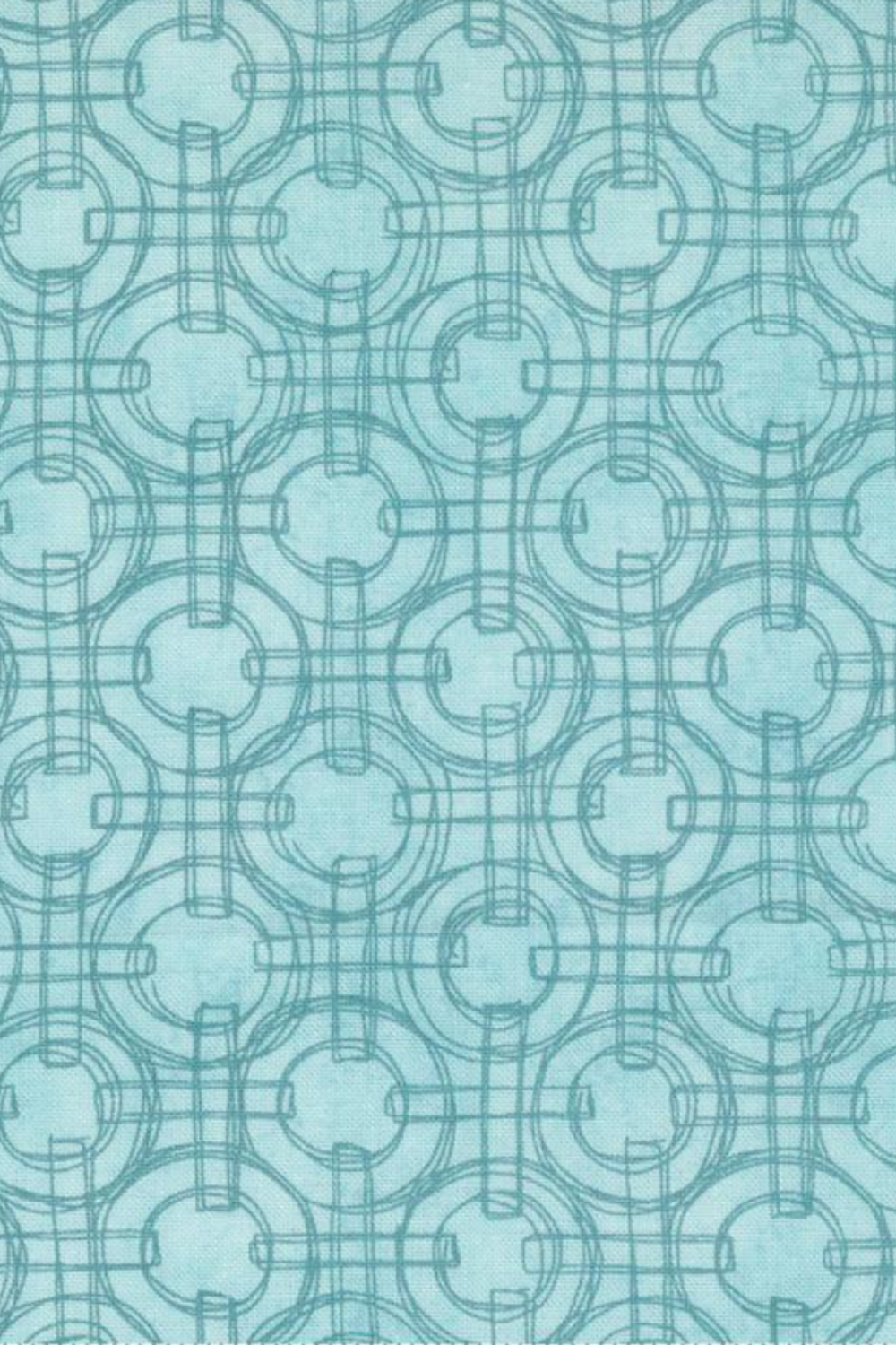Serena Shores Mist fabric by Robin Pickens for Moda Fabrics, featuring muted teal sketched linked rings and intersecting lines on a pale aqua ground.
