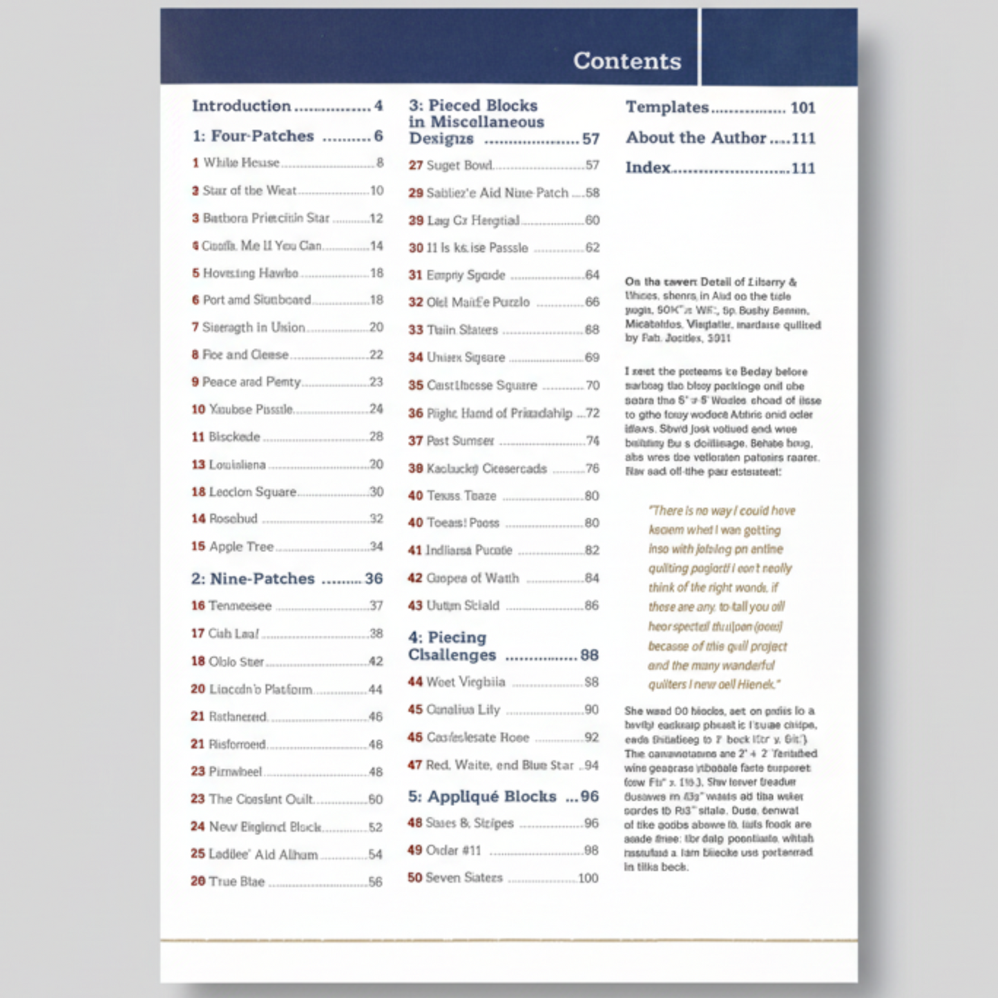 Civil War Sampler book contents – list of 50 quilt blocks with pieced and appliqué designs
