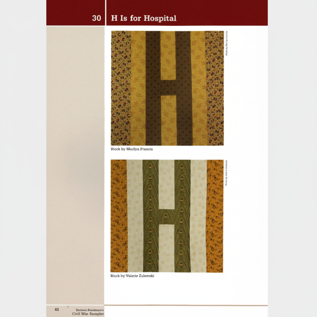Quilt block H Is for Hospital – Civil War Sampler alphabet block in reproduction fabrics