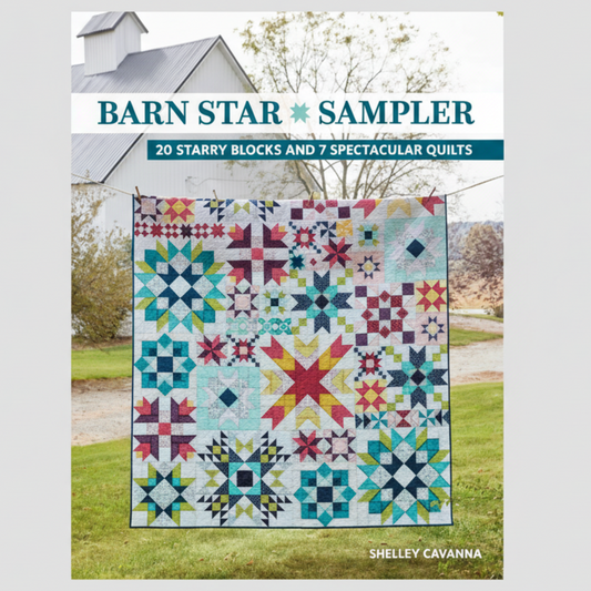 Barn Star Sampler quilt book cover – Shelley Cavanna colorful star sampler quilt on barn background
