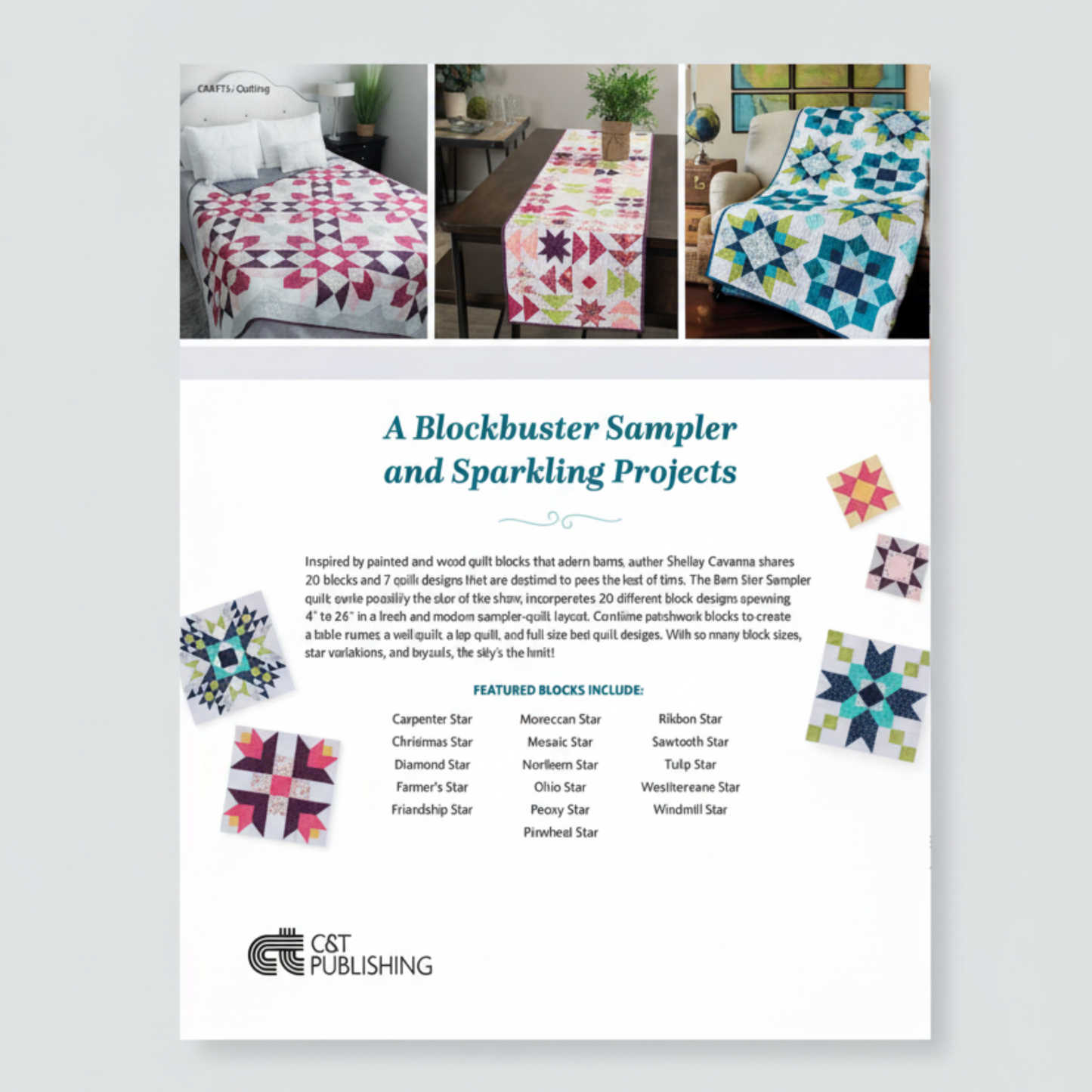 Barn Star Sampler quilt book back cover – sampler quilt projects, bed quilt, table runner and lap quilt