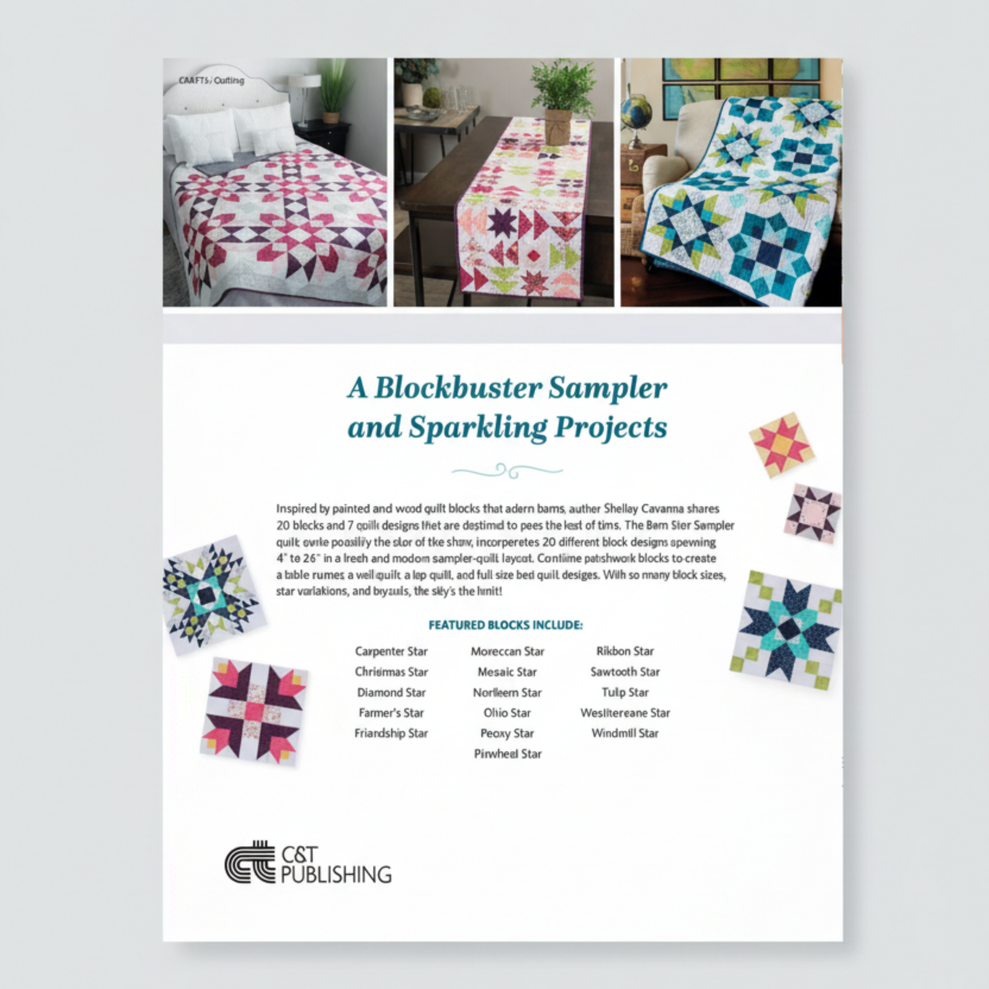 Barn Star Sampler quilt book back cover – sampler quilt projects, bed quilt, table runner and lap quilt